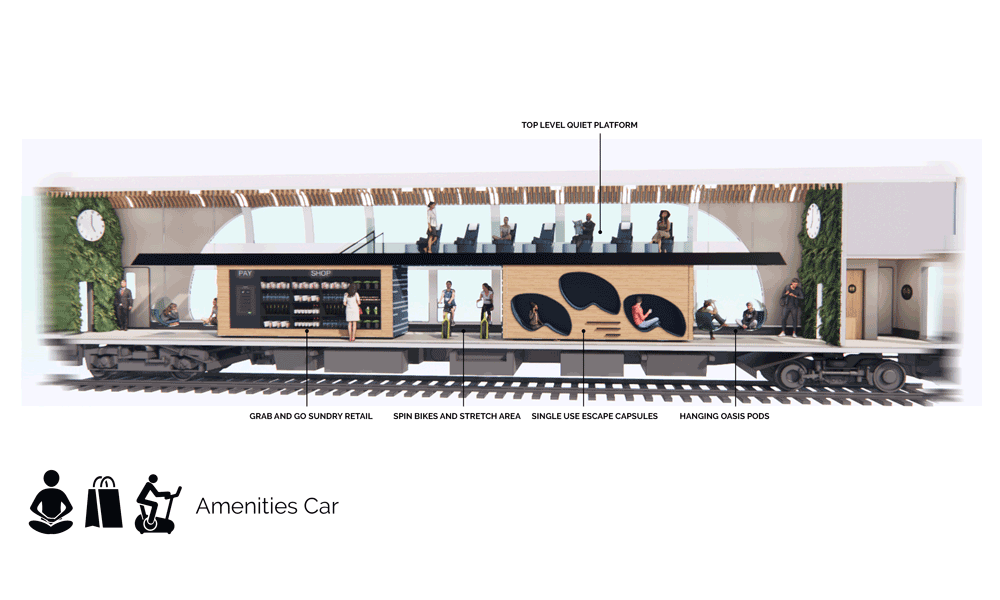 <p>Rejuvenate your physical and emotional wellbeing through a variety of posture and fitness settings. Get away from it all in the escape capsule, change posture in the hanging oasis pod, or jump onto a spin bike to re-energize and get fit. Save time by shopping for necessities before you leave the train. Grab flowers and a bottle of wine for your dinner date. Or pick up a frozen meal ready to prepare when you arrive home. Escape upstairs to a quite car space for some me time and reprieve while the world outside zooms by.</p>
