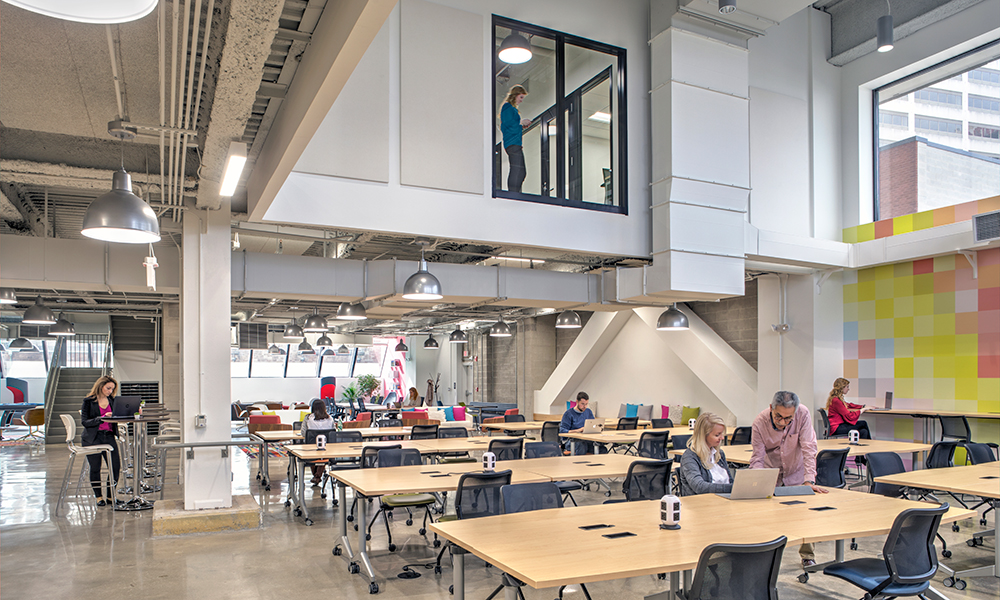 <p>The warm and inviting industrial loft space is peppered with Upward’s whimsical brand palette derived from Post It notes.  </p>
