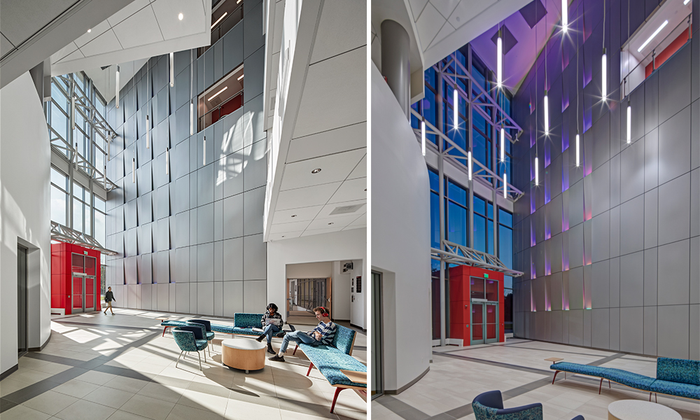 <p>The naturally vented atrium illustrates energy conservation as windows provide natural ventilation when atmospheric conditions allow. The green roof illustrates water conservation through measured rain water capture.  Vibration sensors installed by an engineering faculty member captured data during construction and continues to provide teaching applications during occupancy. The addressable lights in the atrium are student programmable to respond to various conditions including changing lighting colors to indicate changing environmental conditions as building occupancy fluctuates. </p>
