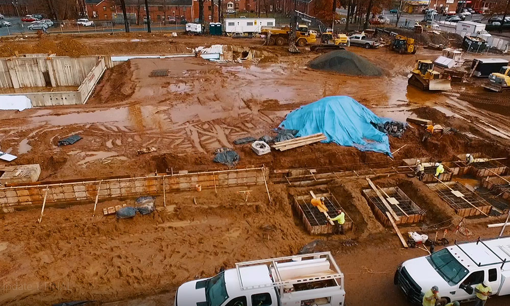 <p>The biggest challenge of the project were the poor soil conditions seen here during the construction of the footings and foundation walls.</p>
