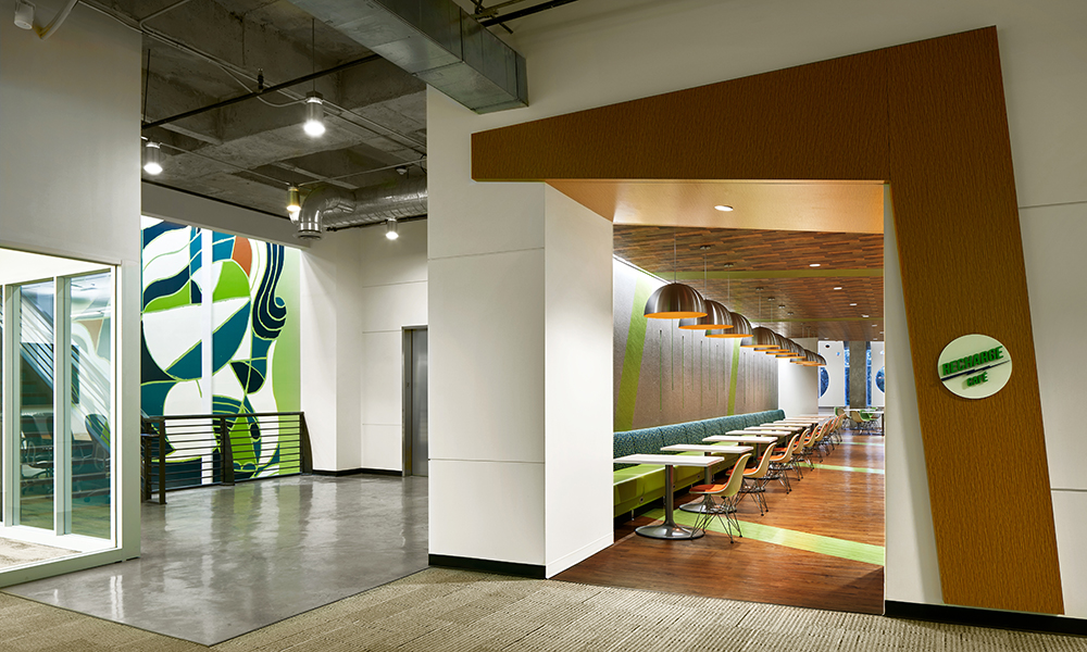 <p>A 5,000 SF area of multiple conference rooms was transformed into a multi-function destination called the Recharge Café, a new concept that was not available to employees from any of the consolidated units. </p>
