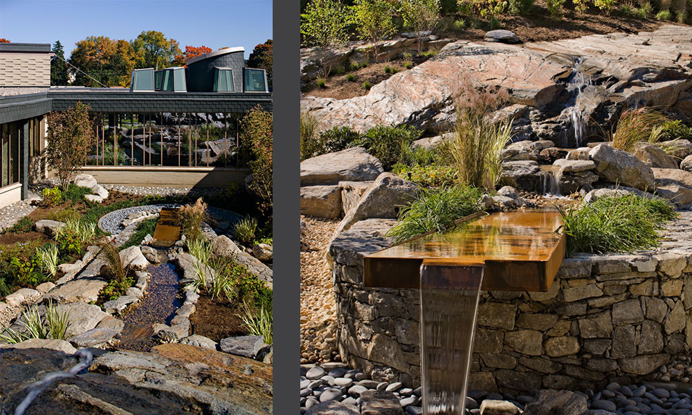 <p>The garden site was carved to leave the exposed ledge in the central garden space. The ledge was peeled away to reveal the stone and provide its natural aesthetic qualities to the structure of the garden. The spillway, where the fountain’s stream plunges into the central pool, was fabricated with Cor-ten steel to connect the designed element with the iron deposits revealed in the exposed ledge.</p>
