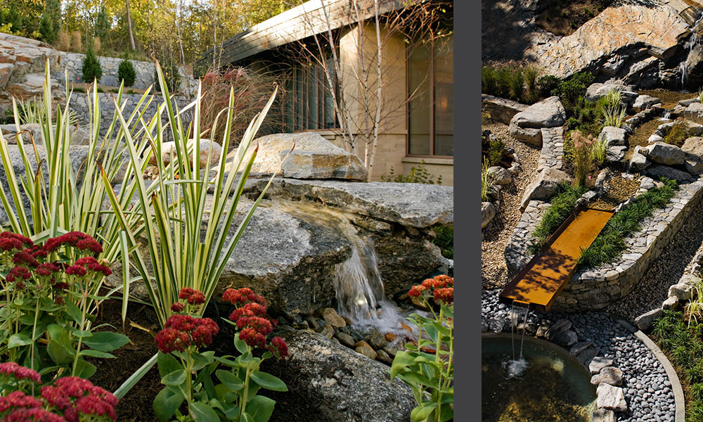 <p>The “theme” of the garden and front entry walk derives from the “rivers” that shaped the origins of the city of Derby. A symbolic “river” runs through the building and is the thread linking the community vernacular to the site. The river starts at the top of the ridge, flows into the courtyard, and continues into the lobby. The walkway that connects the street access to the front door is a symbolic gesture of a meandering stream, with edging made of stone boulders, salvaged from the site.</p>
