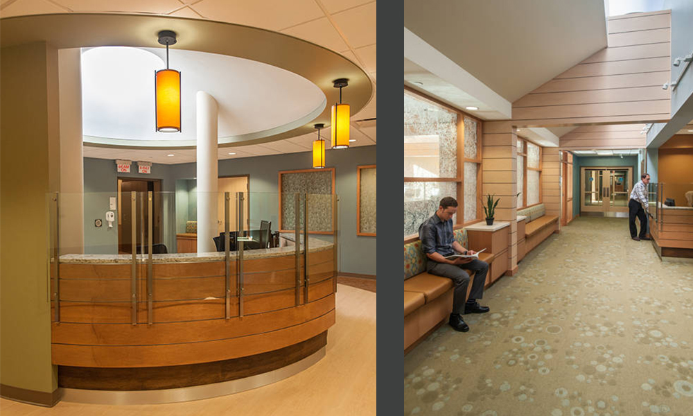 <p>Radiation oncology’s semi-circular flow provides visibility of staff and privacy of patients.</p>
