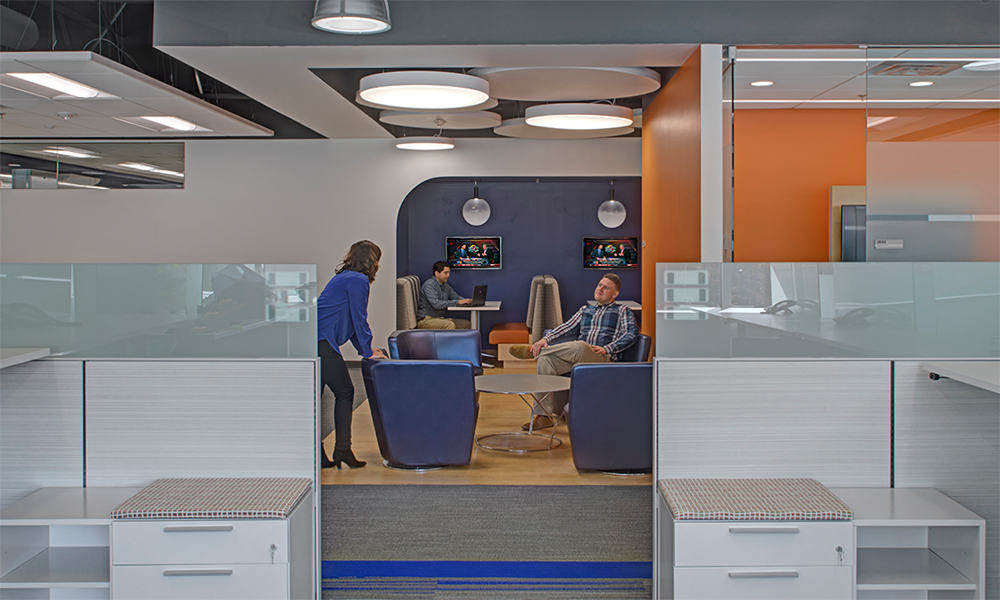 <p>The walls have come down and instead of the traditional conference room and office cubicles, the new spaces within the office are communal multi-purpose spaces designed to stimulate conversation, cooperation, and the inspiration of new ideas.</p>
