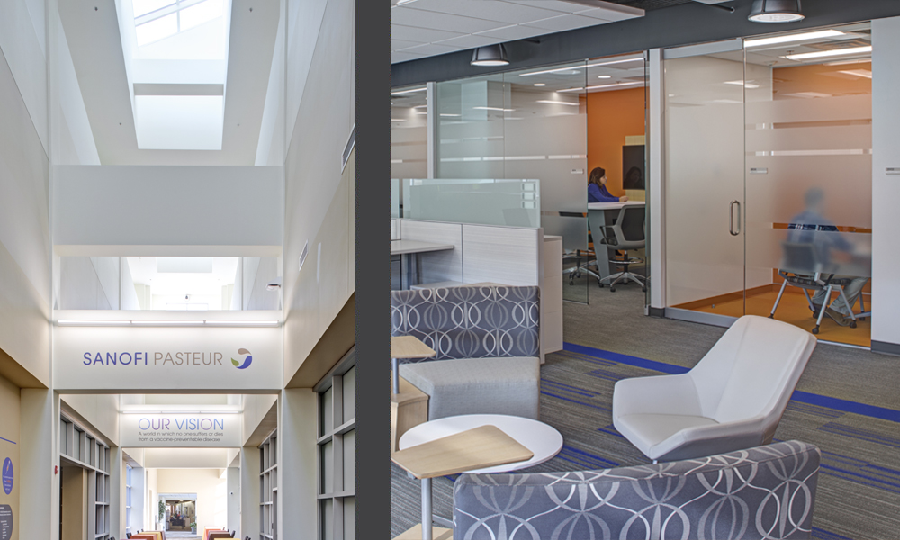 <p>The entire color palette within the building is based on Sanofi’s brand with purple, green and tan accents of products, furniture and prominently displayed graphic messages highlighting the company’s logo, origins, mission, culture, achievements, and future.</p>
