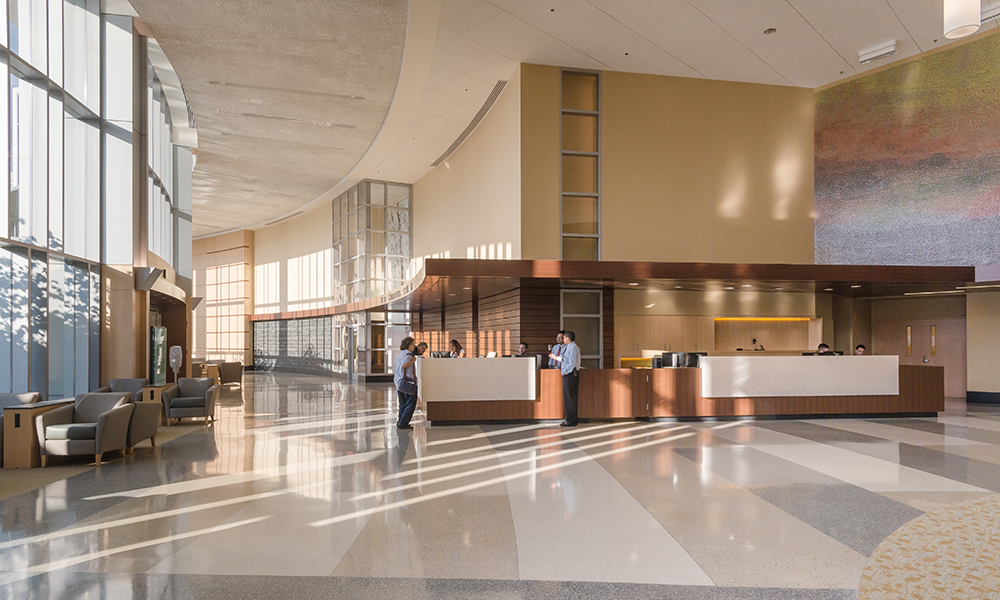 <p>Elements of nature are introduced within the lobby (abundant daylight, interior gardens, water features) providing a calming, restorative setting for all to enjoy.</p>
