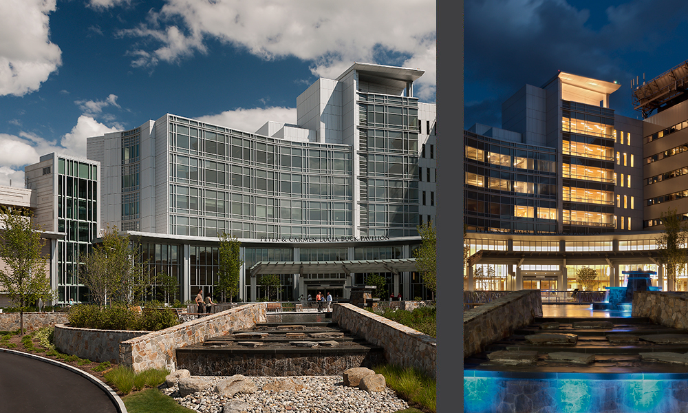 <p>Arriving hospital patrons are drawn into the main entrance’s circular drop off by the sound of falling water cascading down from the upper pool and fountain. The cascade is formed between two of the radiating spokes of the Oasis. In the evening, views across the illuminated fountains and trees with uplighting to the pavilion are visible from Hospital Avenue. </p>
