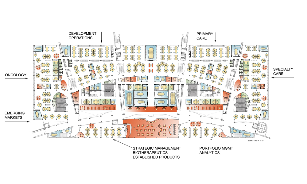<p>First Floor Plan After : </p>
<p>The building structure presented natural breaks in the overall floor plate identified as zones. The design clusters formal conference rooms in the core along with other hard wall program components. Open work settings are focused along the perimeter to take full advantage of daylight and views. Informal collaborative areas are developed along the building concourse, naturally lit by skylights, offering a variety of settings including a café on the south side of both floors.</p>
