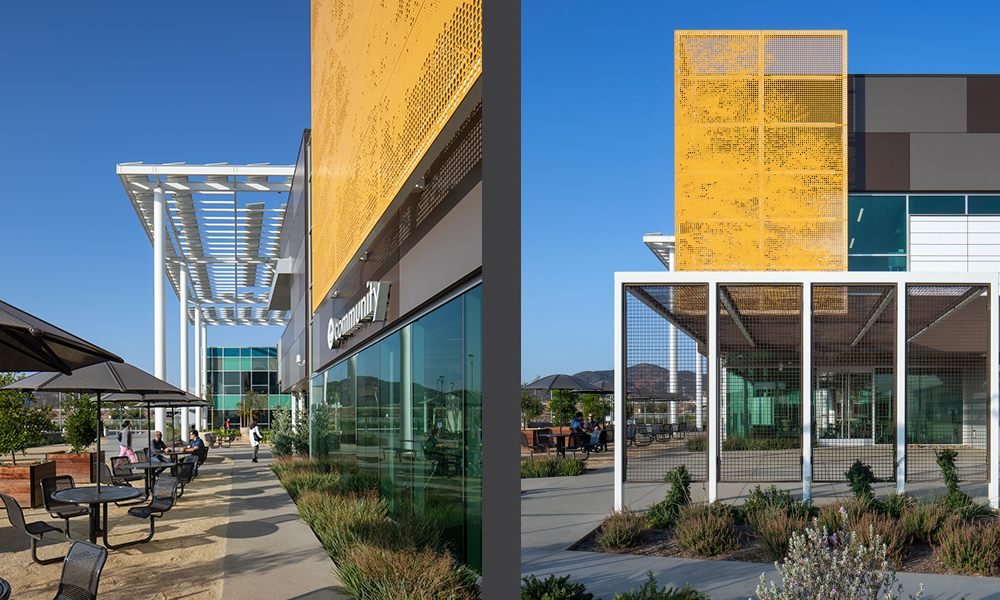 <p>Additional materials include multi-tinted glazing, accents of clear anodized aluminum panels, cultured stone, and laser-cut artistic metal panels.</p>
