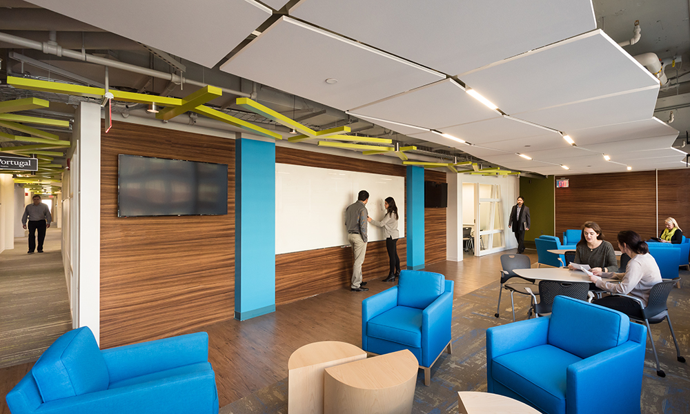 <p>Bright suspended ceiling shapes lead one’s eye along major circulation areas defined by bold wall-applied super graphics and vibrant textural carpet shapes.</p>
