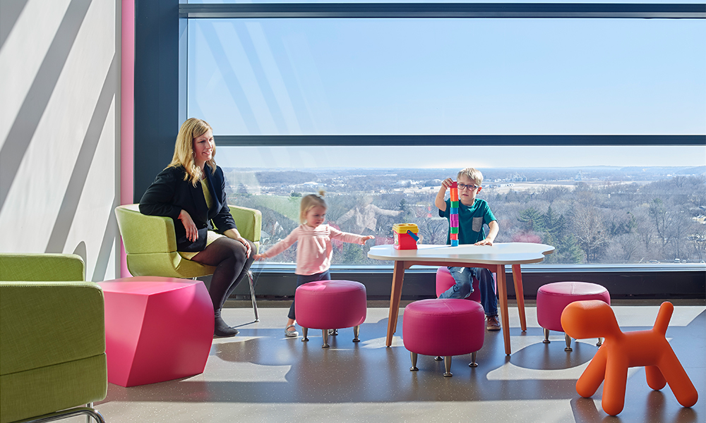 <p>Gathering spaces are located in the eight light wells on each floor, allowing natural daylight to flood the space and continue into the core of the floor through glass entryways.</p>
