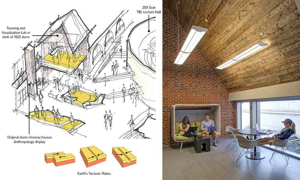 <p>Collaboration platforms recall Earth’s shifting tectonic plates. Teaming areas are located inside the shell of the 1925 dorm, featuring the original brick walls and wood plank ceiling.</p>
