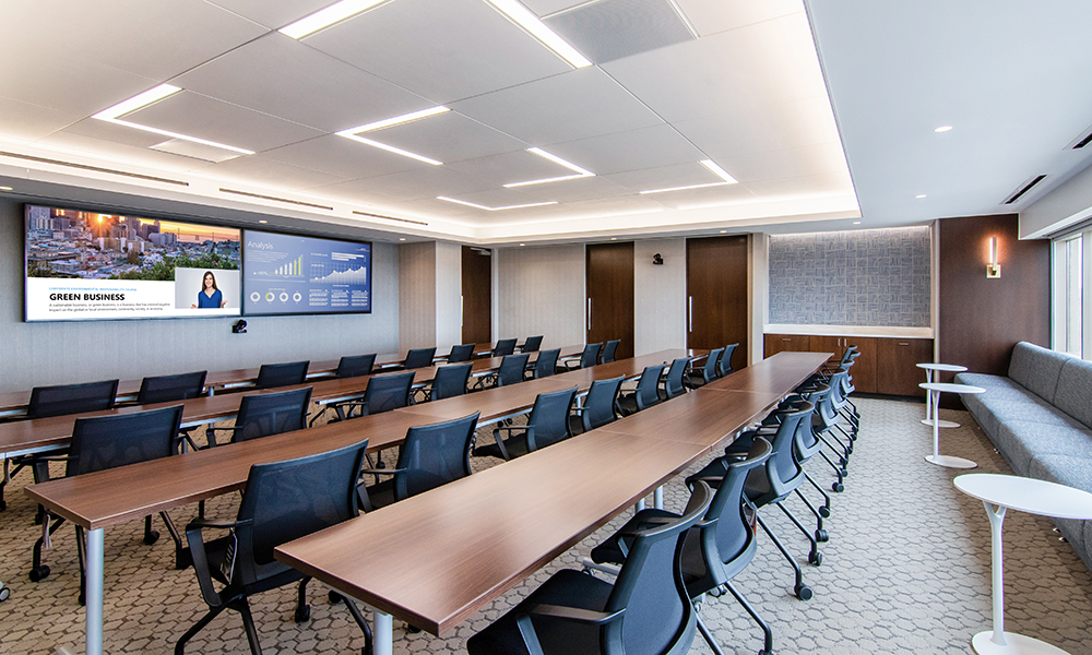 <p>The large multi-purpose room, with an adjacent catering kitchen and abundant daylight and views, transitions easily between instructional training and hospitality event functions via two large double doors opening into the office reception area and the guest coffee bar.</p>
