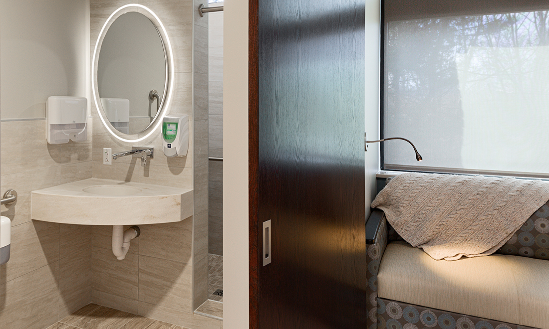 <p>A family comfort room with large floor-to-ceiling windows is located at the end of the unit and provides home-like amenities, laptop counter, and views to nature. Respite rooms in the unit offer families a place to be together in an intimate and calming environment.</p>
