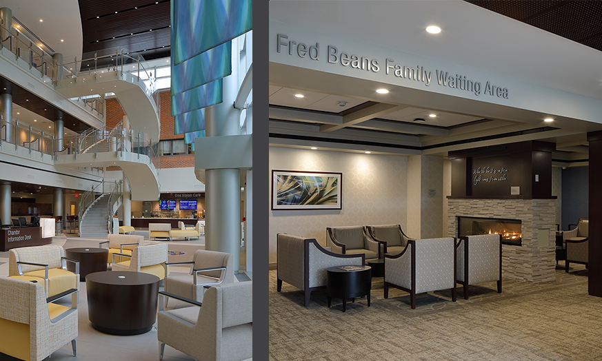 <p>Evidence Based Design strategies were implemented throughout the unit, bringing best-in-class design and the latest research to develop an environment that promotes healing and addresses safety. For patient comfort, the design focuses on family-centered care with generous family areas in each patient room and private Family Respite rooms.</p>
<p>The new three-story glass atrium in the Cardiovascular and Critical Care Pavilion provides a separate entrance to the Center, while seamlessly connecting it to the main hospital to create a “hospital within a hospital”.</p>
