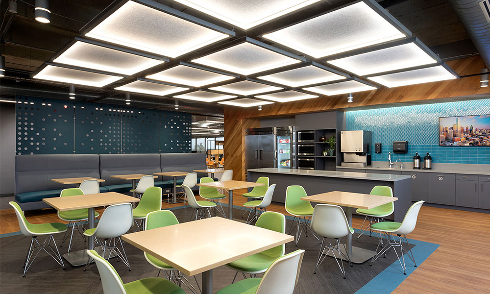 <p>The typical mini Recharge Café on each floor offers a variety of seating types, center kitchen island, and commercial appliances, offering a large refrigerator, microwaves, hot water dispenser for tea, and a cooler for complimentary beverages to all on site employees.  Fresh coffee is made in a specialty brew room on the lower lever and brought up several times daily to each location.</p>
