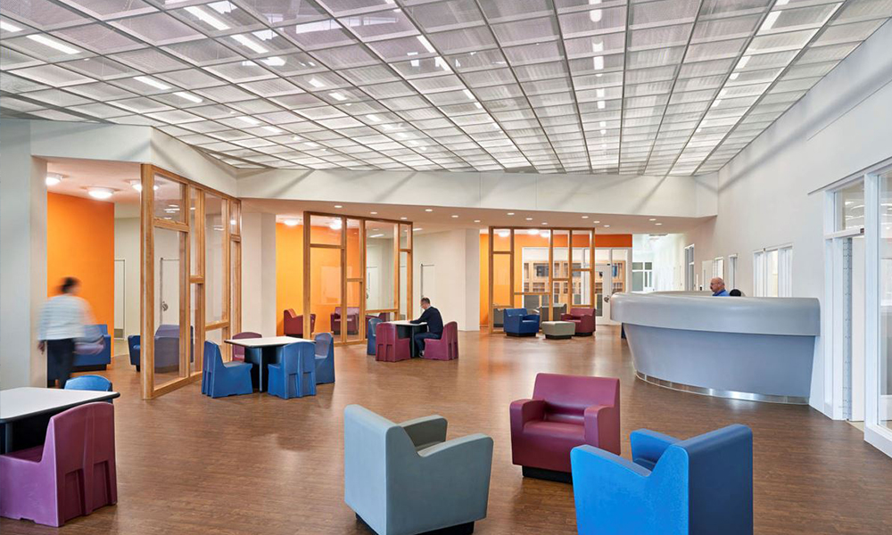 <p>Spaces are positioned for passive observation by providing clear sight lines through patient areas and to critical doors, allowing for monitoring of historically problematic areas such as dining rooms and toilet rooms.</p>
