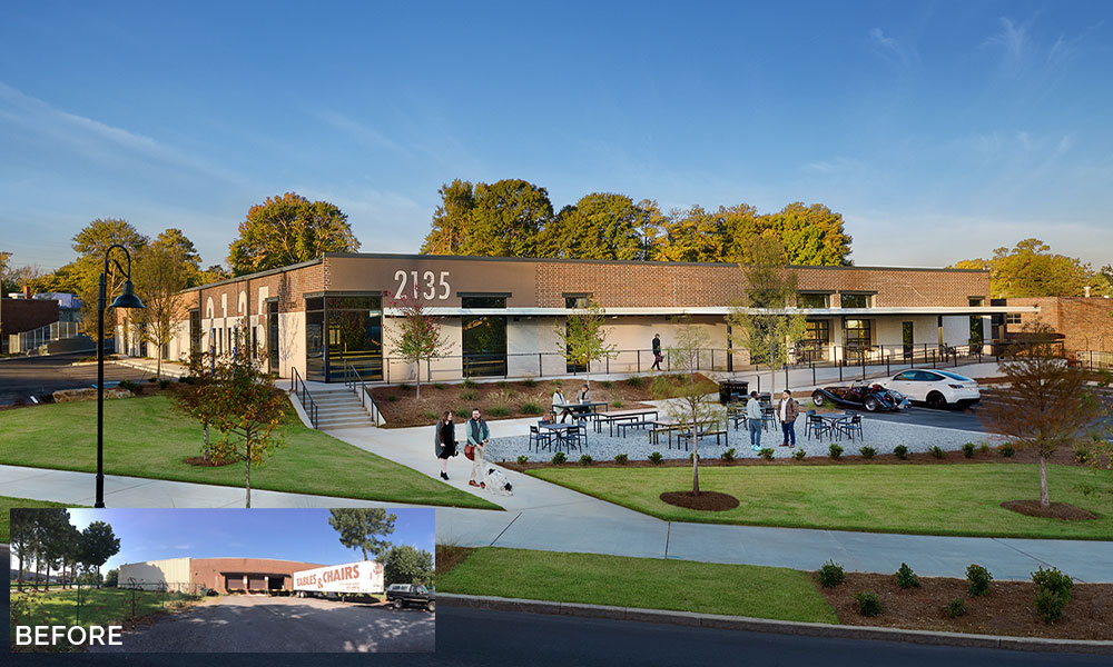 <p>Although the existing building was set back from the road more than ideally envisioned by zoning for new buildings in the downtown district, SLAM used this as an opportunity to install a welcoming public space with beer garden-style seating, creating a gracious connection to the new, vibrant, pedestrian-oriented streetscape of the Chamblee Town Center.</p>
