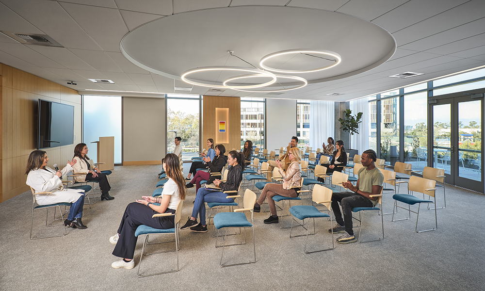 <p>Reconfiguring the furniture and technology converts the event space for talks about integrative health, training, or fundraising.</p>
