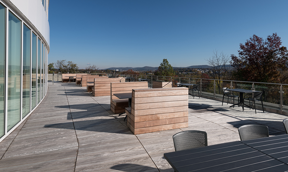 <p>The third-story roof terrace offers commanding views of the Schuylkill River valley, creating an inspiring space that connects the building to its surrounding landscape and enhances the campus experience.</p>
