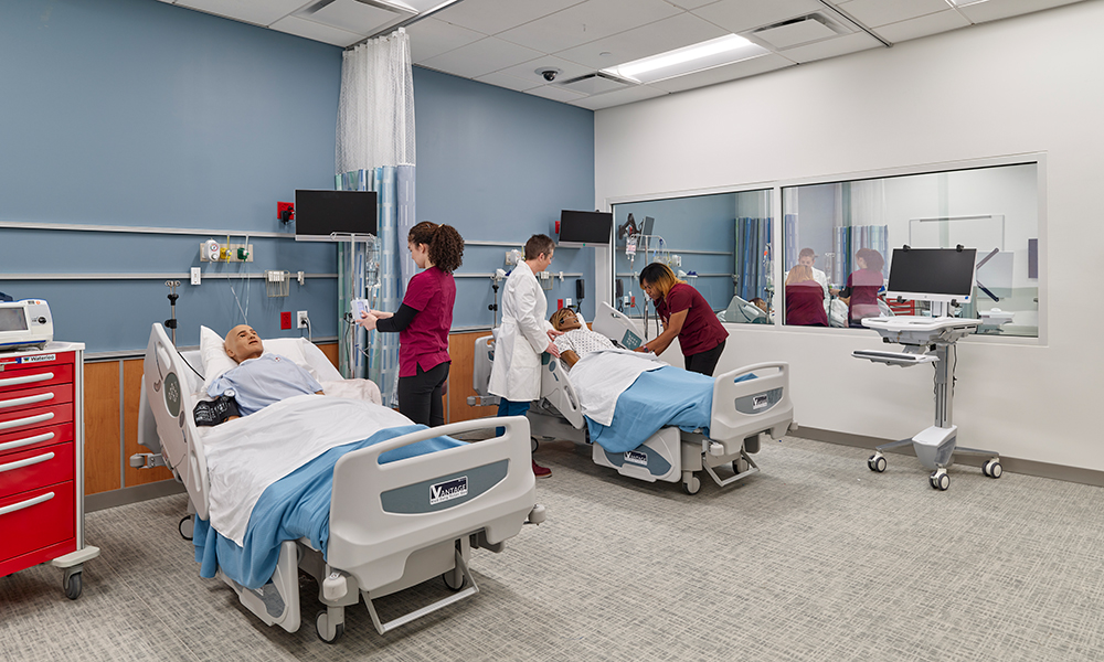 <p>The Simulation Suite immerses students in realistic clinical experiences, featuring a mock Nurse Station and high-fidelity mannequins controlled in real time to simulate unexpected medical events. These features sharpen clinical judgment and prepare students to respond confidently and effectively in complex healthcare scenarios.</p>
