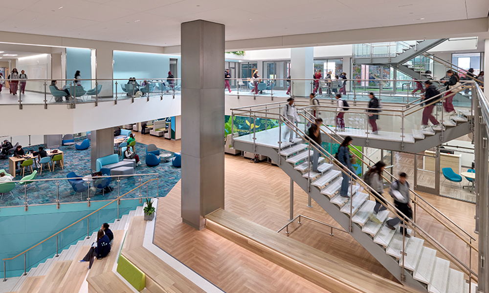 <p>A generous series of open communicating stairs winds through the building.</p>
