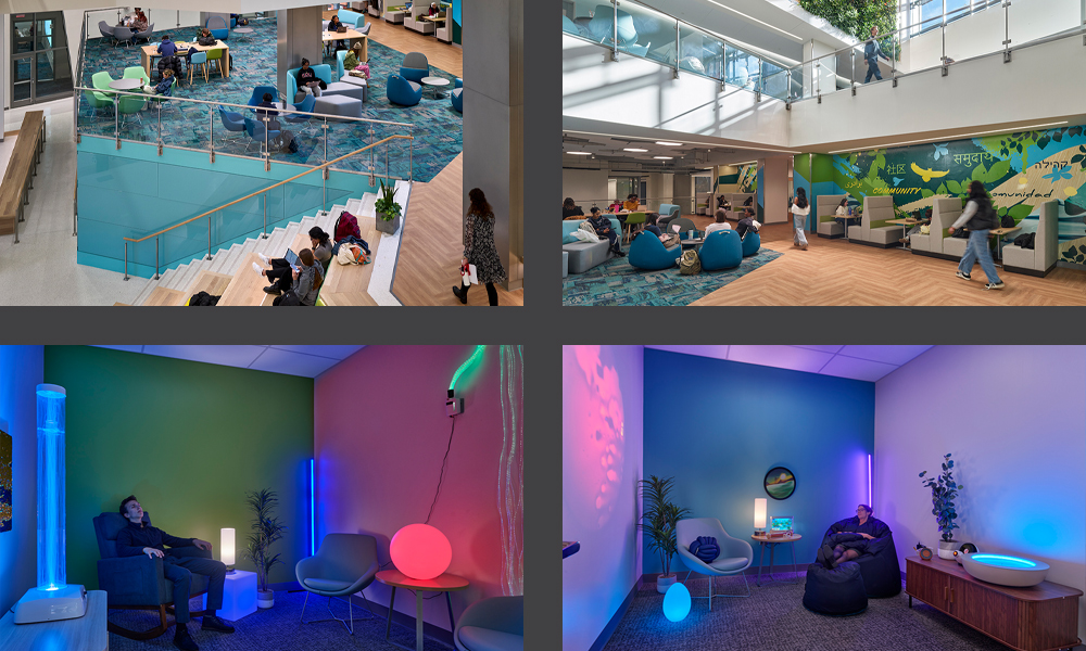 <p>The mezzanine, a student-focused 10,000 SF wellness hub includes a Zen Den, sensory room, student lounge, counseling offices, and group spaces supporting mental health, connection, collaboration, and day-to-day well-being for all students. The word “Community” is written on the walls throughout in many languages , a reminder that everyone belongs.</p>
